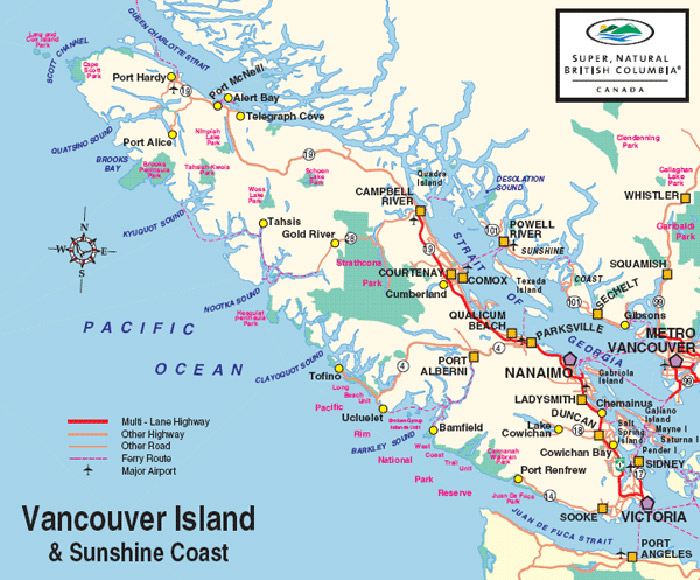 Map of Vancouver Island listing cities from Victoria in the South to Port Hardy in the Northm also shown are the the main highways Highway 1, Highway 19, and Highway 19A.