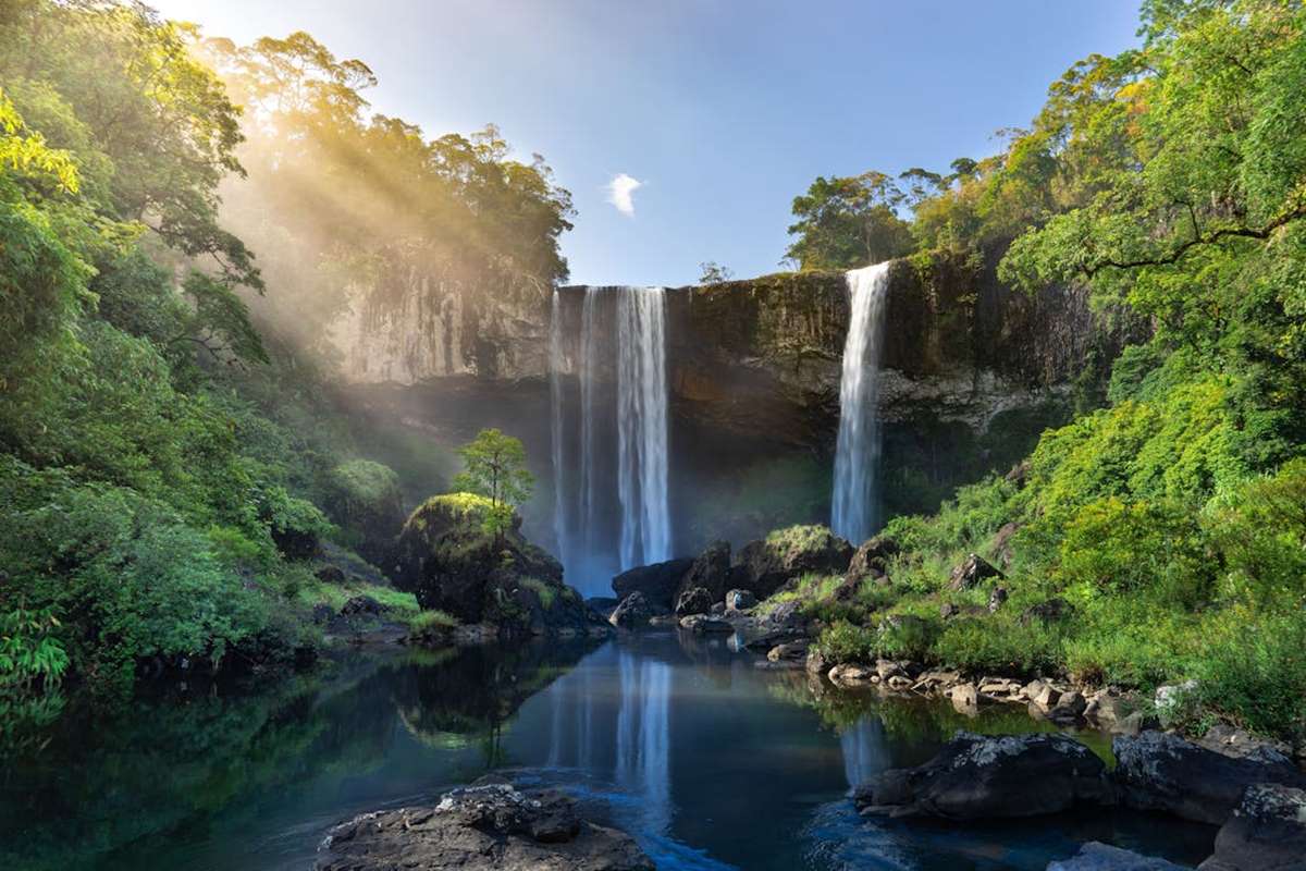 Waterfall at evening time in the forest
